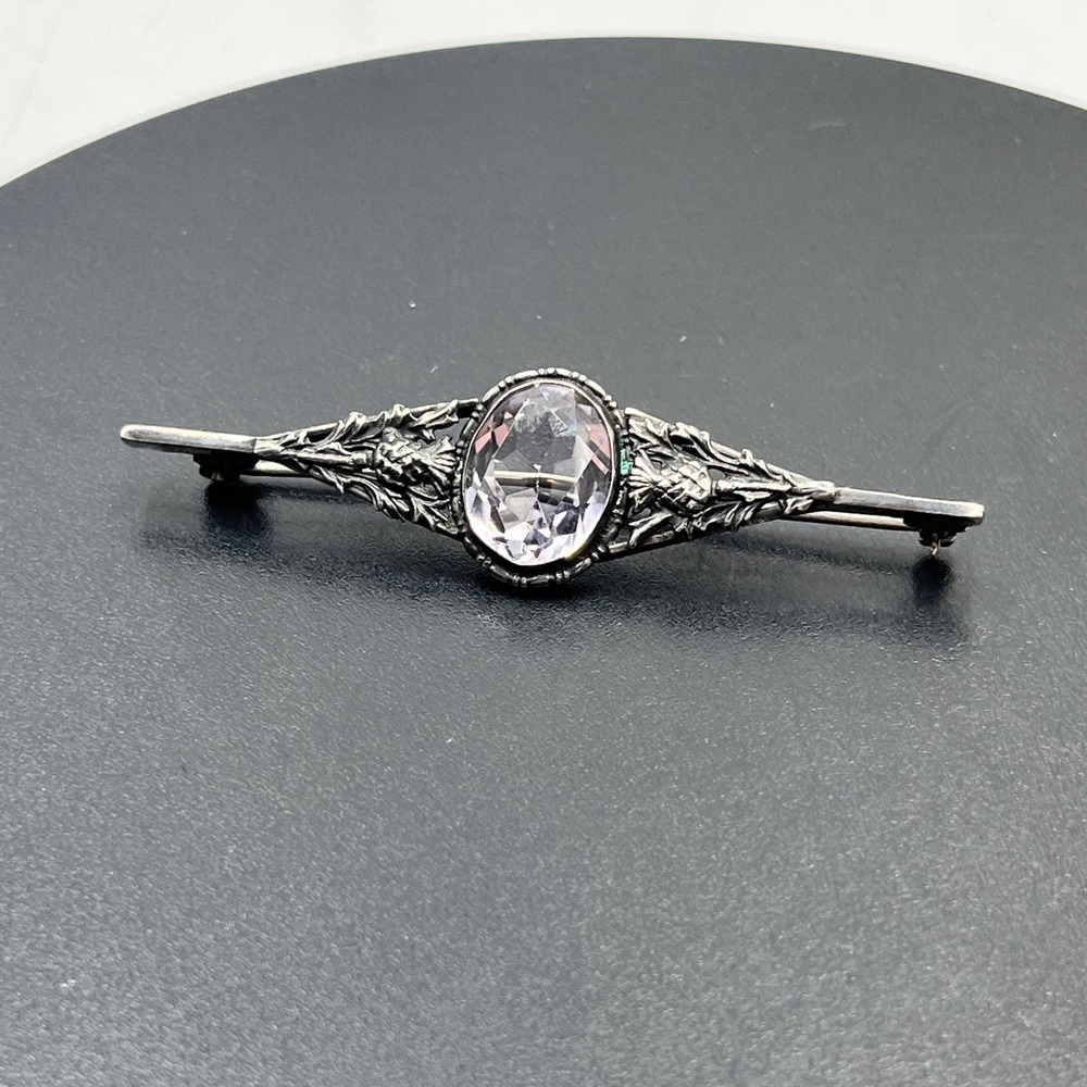 Antique Art Nouveau Faceted Oval Pink Amethyst Sterling Silver Brooch Bar Pin